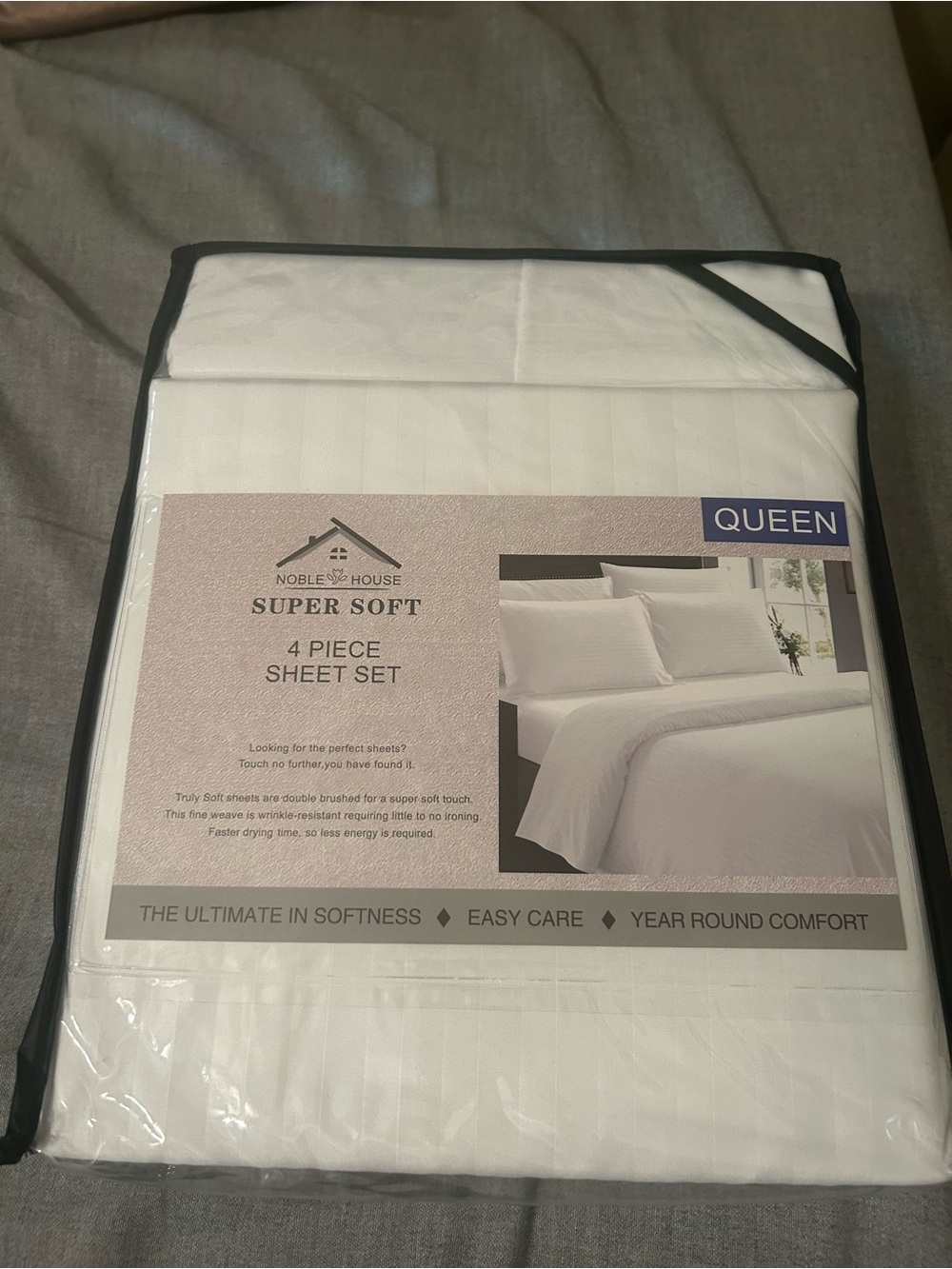 NWT Super Soft Noble House Queen 4-Piece Sheet Set - White strip
